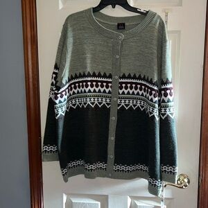VTG-emergency exit-3X-green,burgundy,creamfair isle button down cardigan sweater